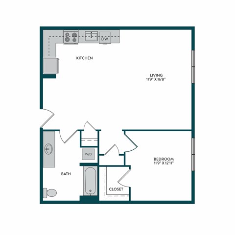 A floor plan of a small apartment with a kitchen, bathroom, and bedroom.
